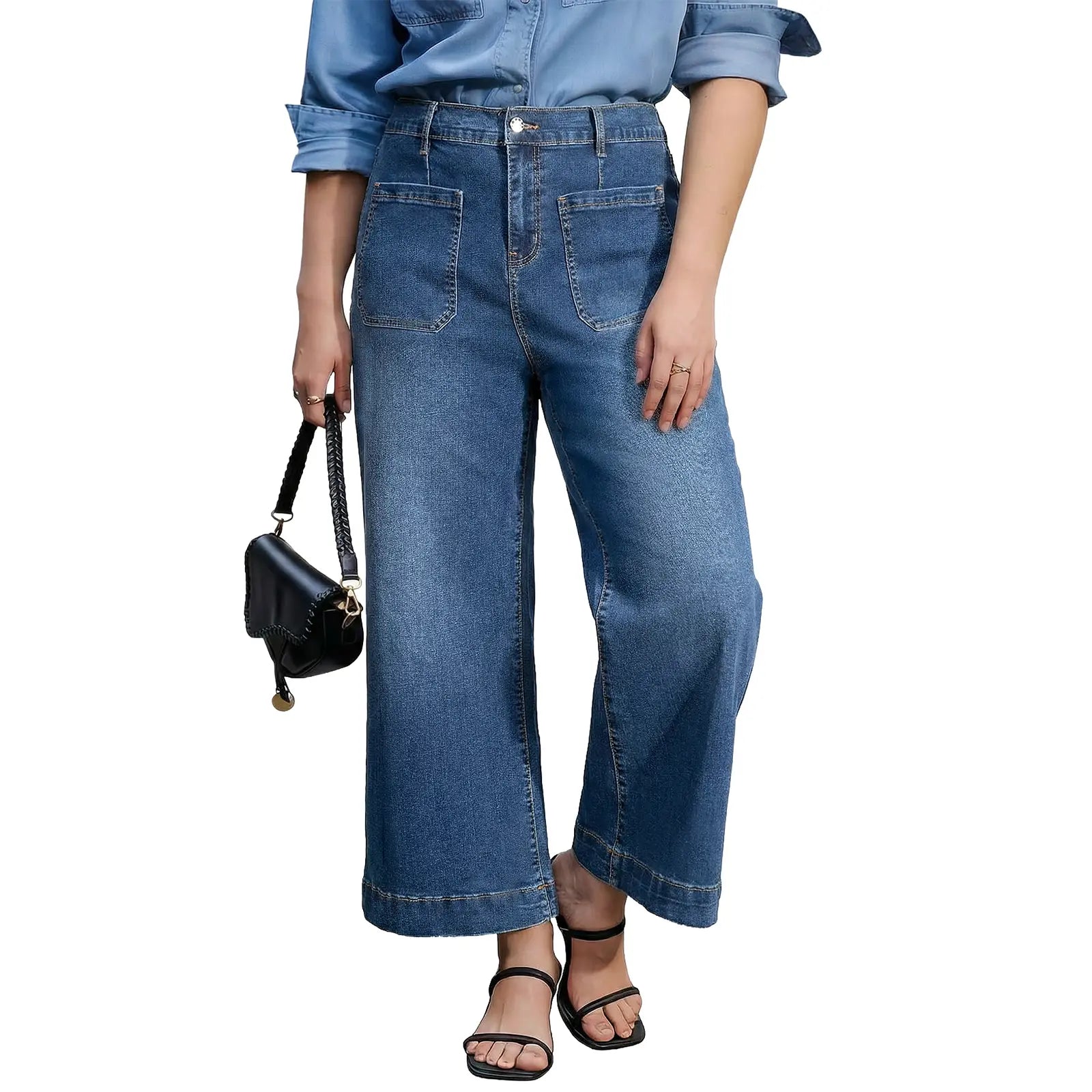 Eytino plus Size Jeans for Curvy Women High Waisted Wide Leg Stretchy Straight Leg Ankle Denim Pants with Pockets(Size 14-32)