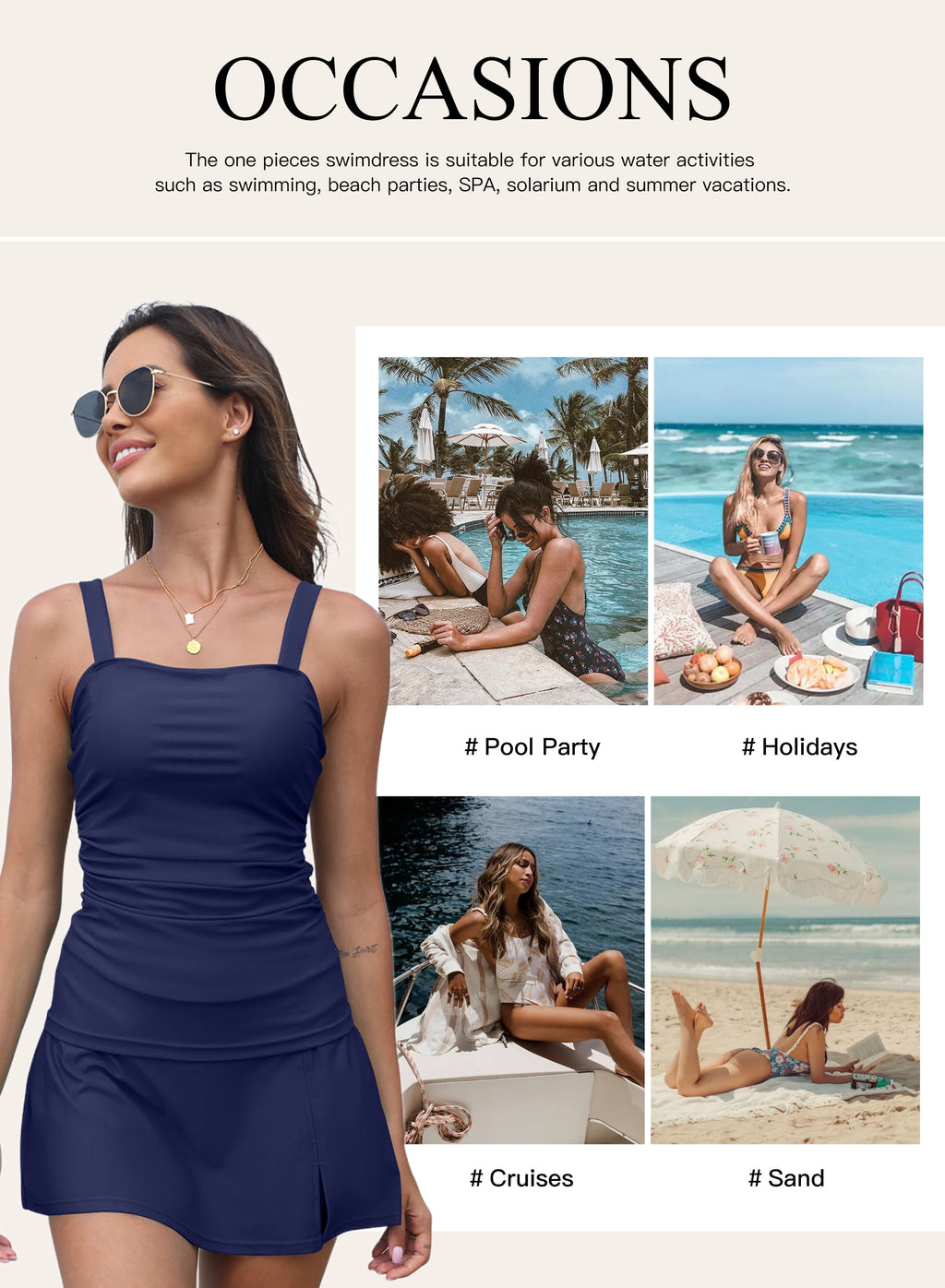 Women's Tankini Swimsuit Set - 2 Piece Tummy Control Ruched Top with Swim Skirt in Blue, Size L