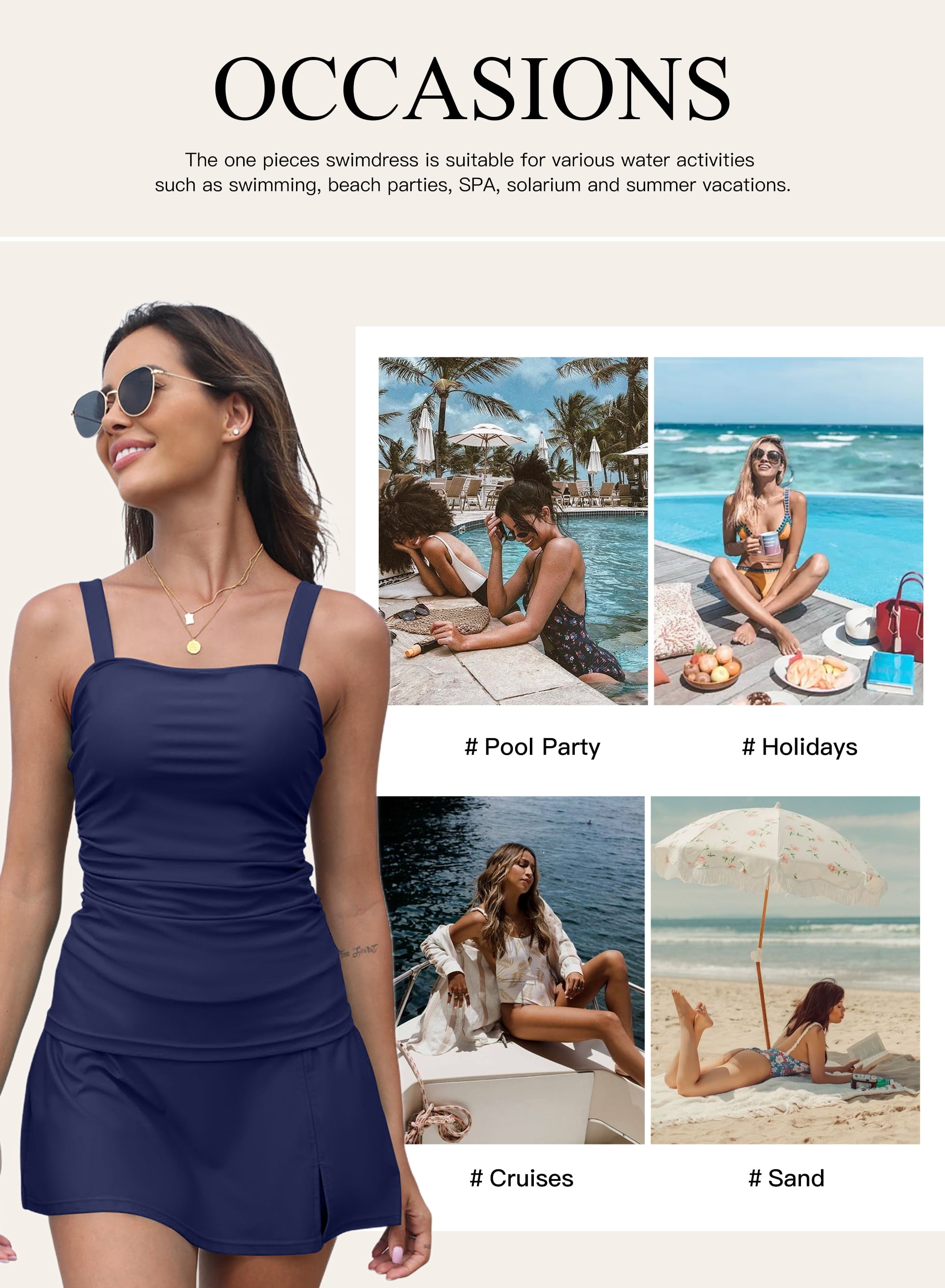 Women's Tankini Swimsuit Set - 2 Piece Tummy Control Ruched Top with Swim Skirt in Blue, Size L