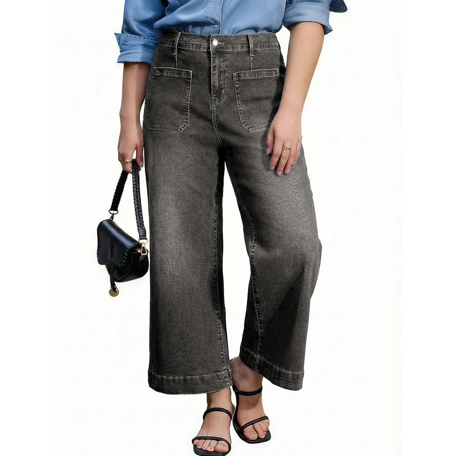 Eytino plus Size Jeans for Curvy Women High Waisted Wide Leg Stretchy Straight Leg Ankle Denim Pants with Pockets(Size 14-32)