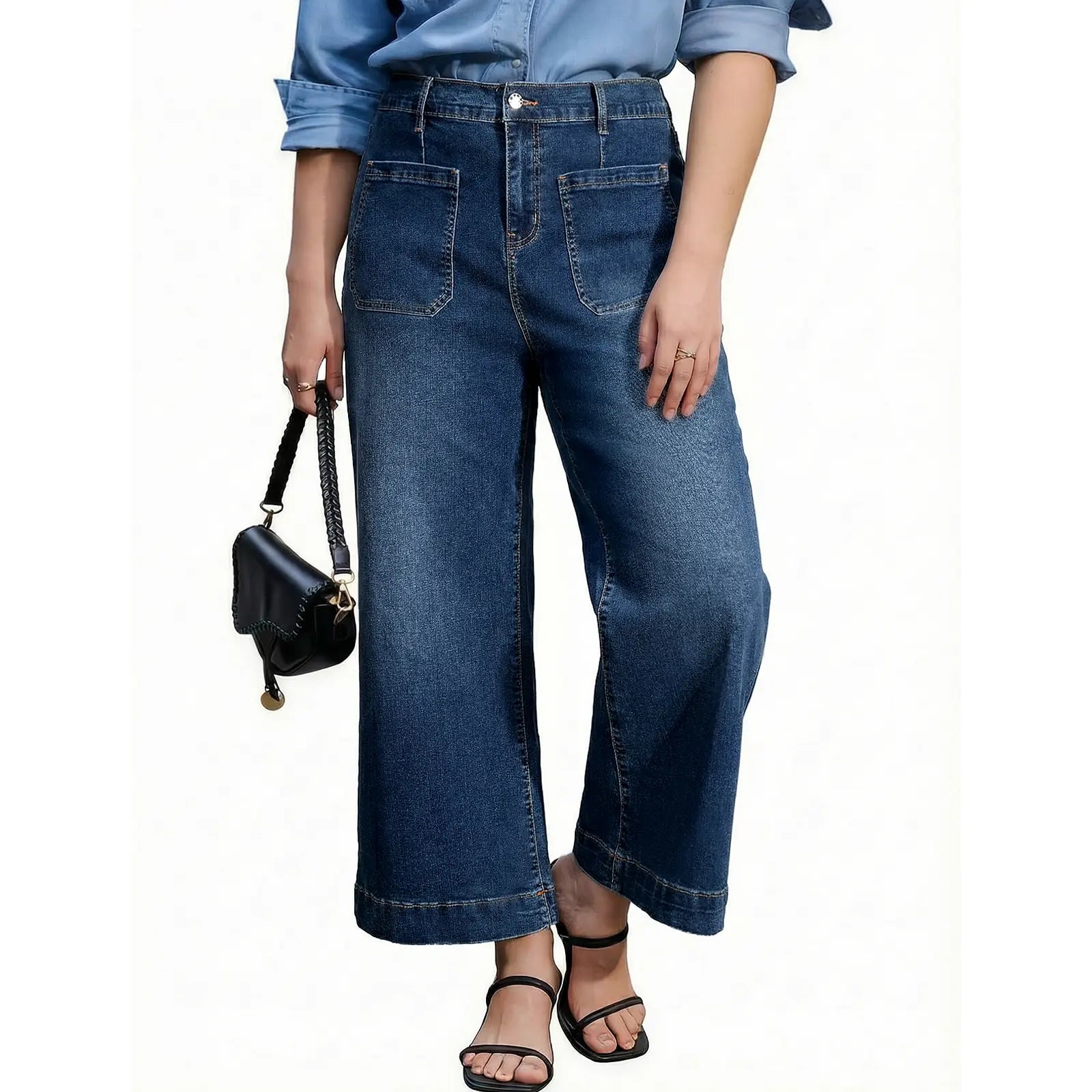 Eytino plus Size Jeans for Curvy Women High Waisted Wide Leg Stretchy Straight Leg Ankle Denim Pants with Pockets(Size 14-32)