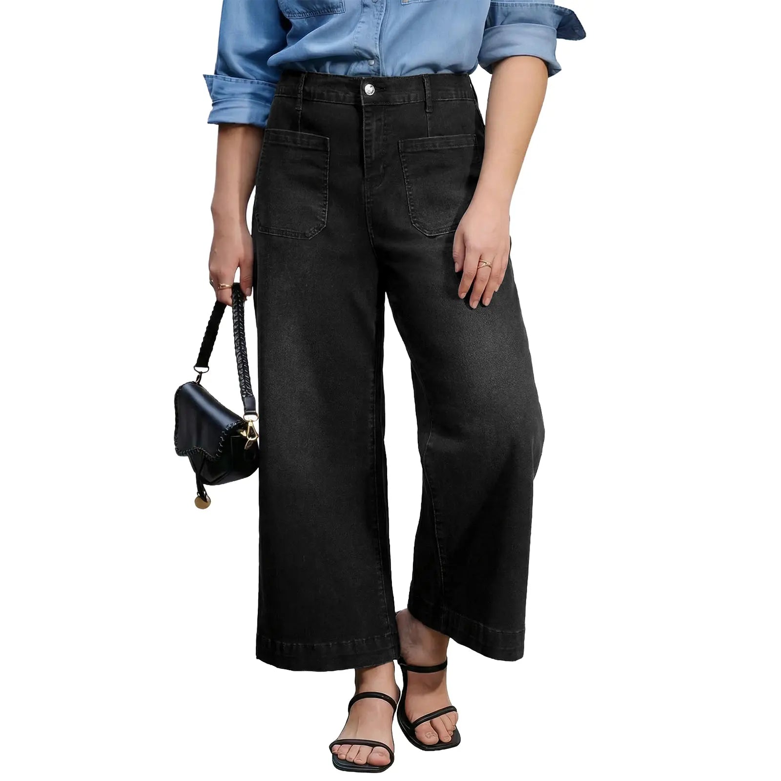 Eytino plus Size Jeans for Curvy Women High Waisted Wide Leg Stretchy Straight Leg Ankle Denim Pants with Pockets(Size 14-32)