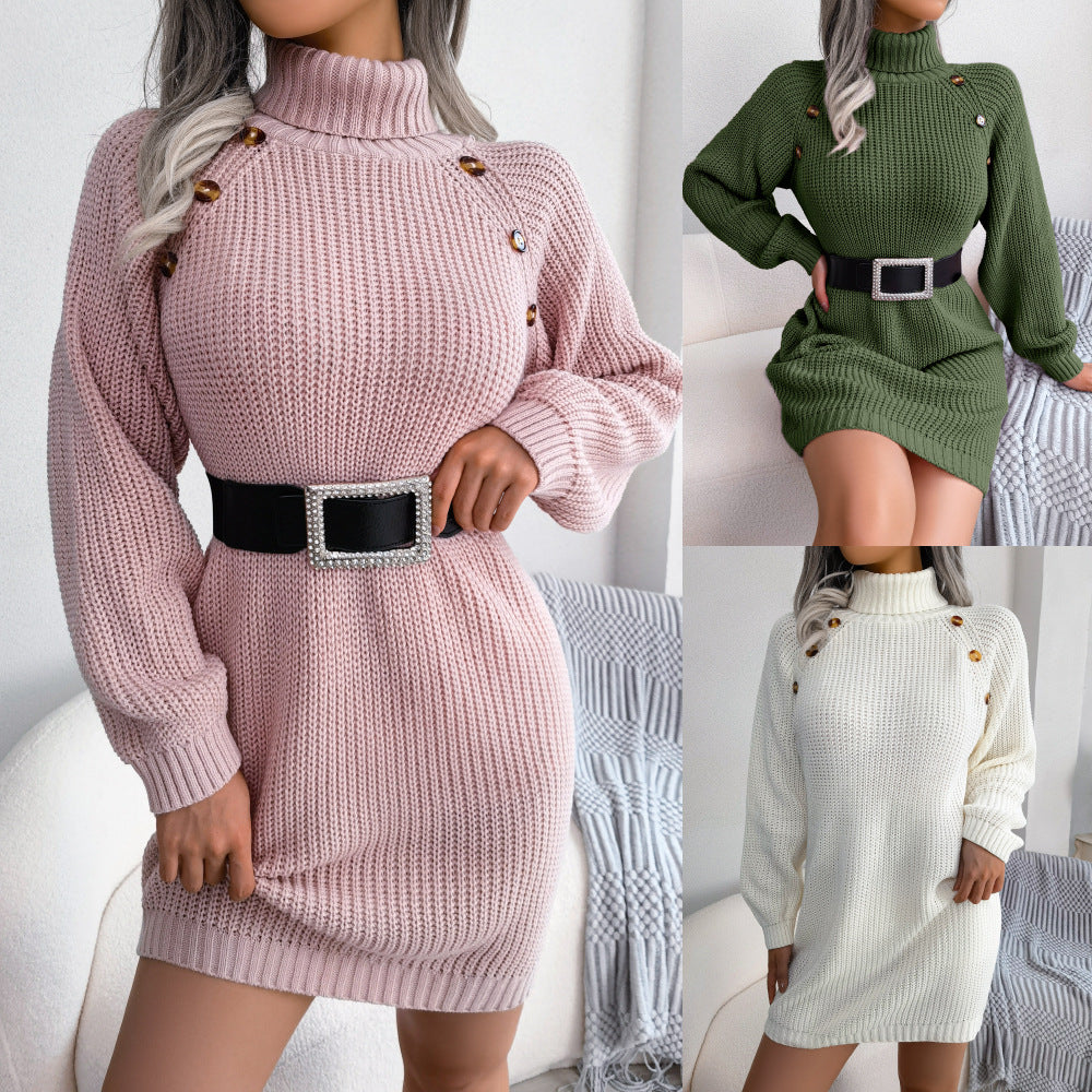 Winter Turtleneck Long Sweater Dress for Women with Button Detail and Long Sleeves