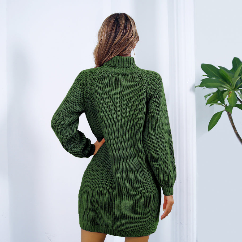 Winter Turtleneck Long Sweater Dress for Women with Button Detail and Long Sleeves