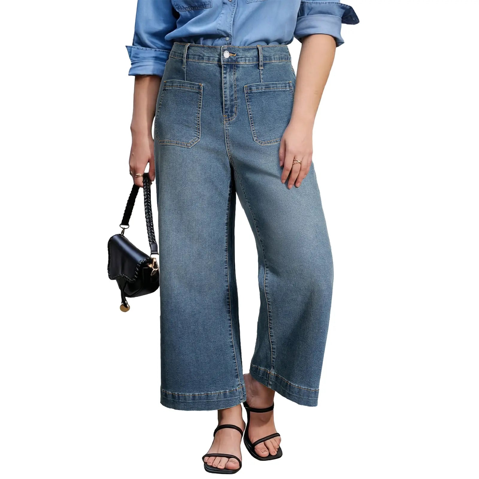 Eytino plus Size Jeans for Curvy Women High Waisted Wide Leg Stretchy Straight Leg Ankle Denim Pants with Pockets(Size 14-32)